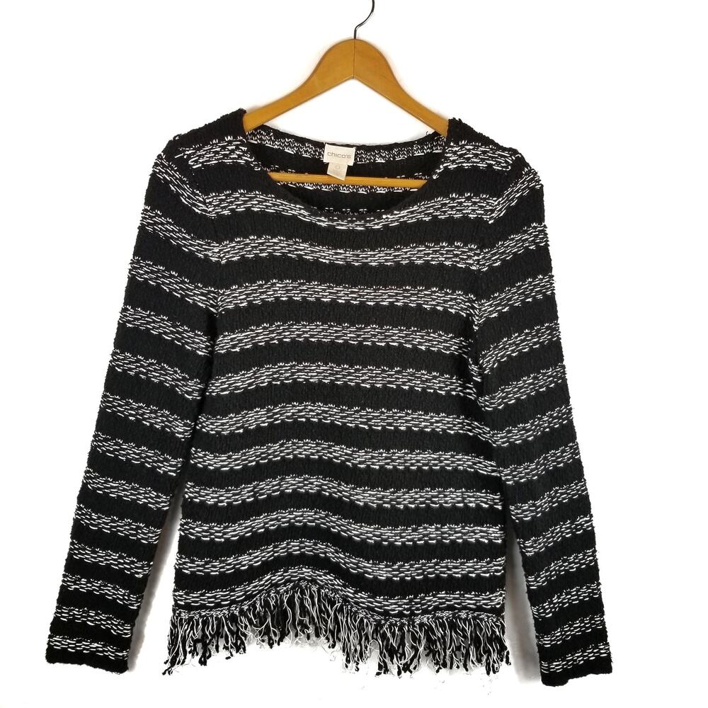 Chico's Black White Striped Fringe Long Sleeve Sweater Size S Small